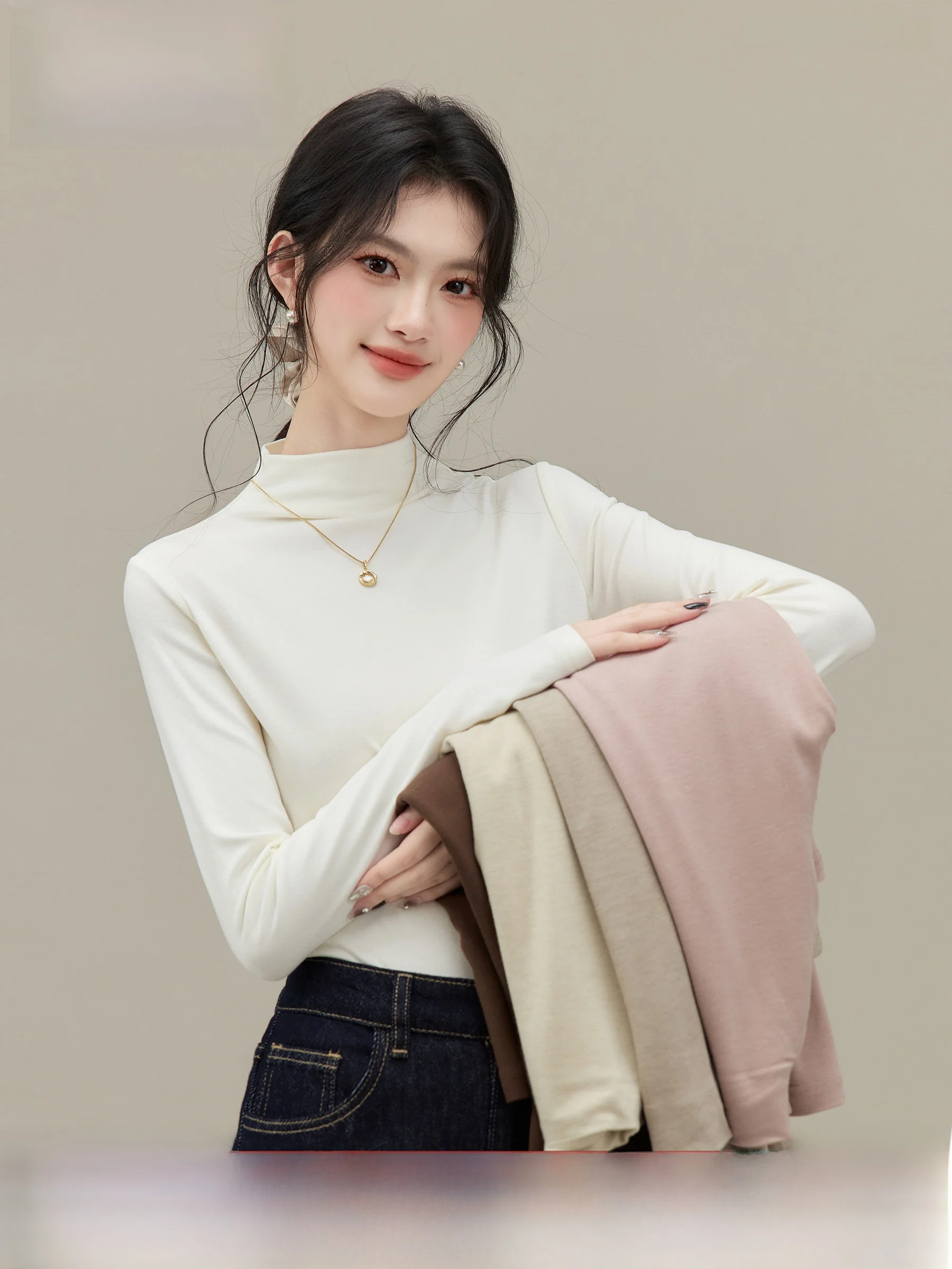 

Женская утепленная футболка Rongnuan с длинным рукавом и высоким воротником, базовая модель, осенне-зимний топ