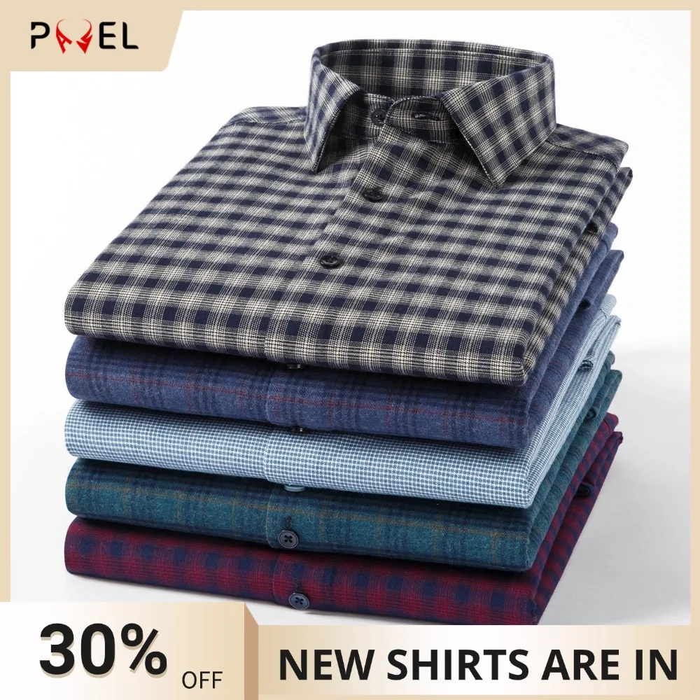 Men's Check Plaid Soft Brushed Button-Down Flannel Woven Shirts, Fall Winter Casual Regular Fit 100% Cotton Menswear Clothing