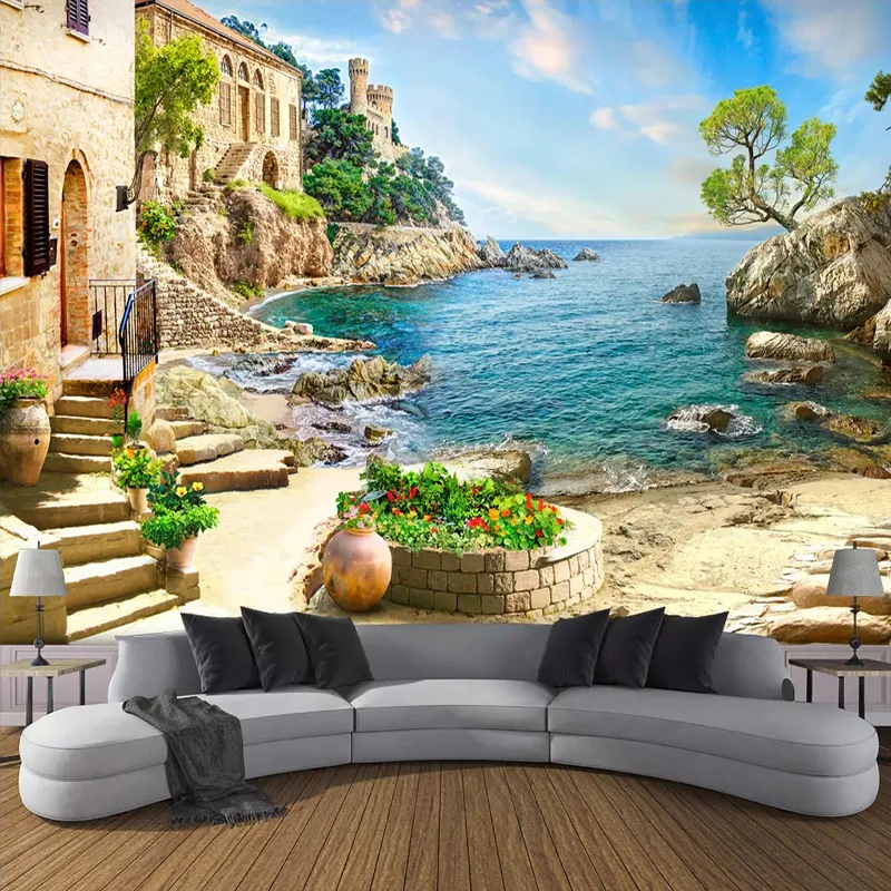 Custom 3D Photo Wallpaper Castle Garden Sea View Wall Painting Living Room Sofa Bedroom Wall Decoration Mural Papel De Parede 3D