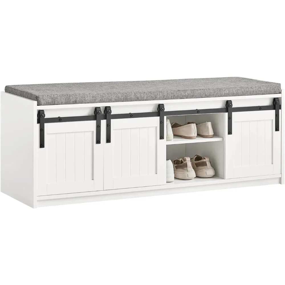 

Haotian White Rustic Style Storage Bench with Sliding Barn Doors & Padded Seat Cushion, Hallway Bench, Shoe Cabinet