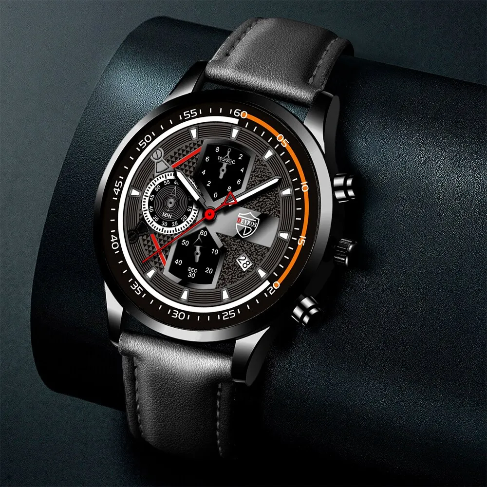 3PCS Set Fashion Mens Calendar Watches Male Business Casual Black Leather Quartz Watch Men Necklace Bracelet Wrist Watch