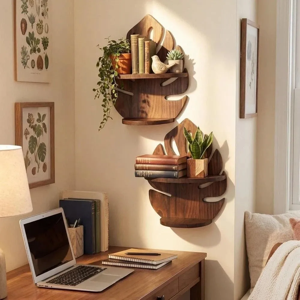 Wall Mounted Wooden Monstera Shelf Rustic Natural Wood Finish Book Storage Rack Decorative Photo Frame Storage Rack Living Room