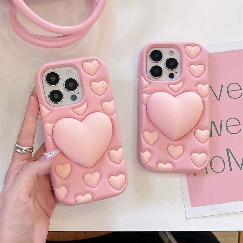 

For iphone 16 pro max Pink Love heart fold bracket Soft Silicone Case for iphone 15 14 Plus 12 13 15 Pro Max 14pro Cute Patterns