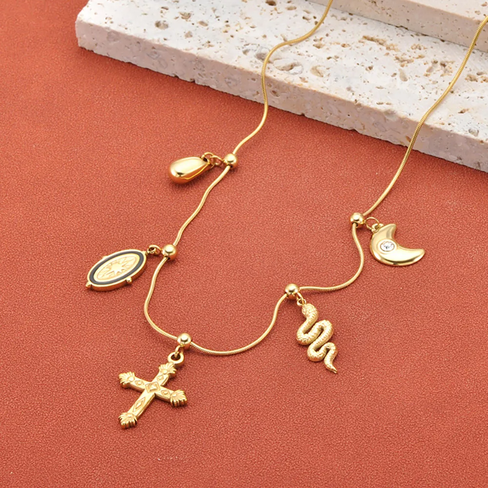 Lokaer Wasserdichte Edelstahl-Kreuz-Schlangen-Mond-Anhänger-Halskette, vergoldete Kette mit Perlen, Damen-Modeschmuck, Geschenke N26015