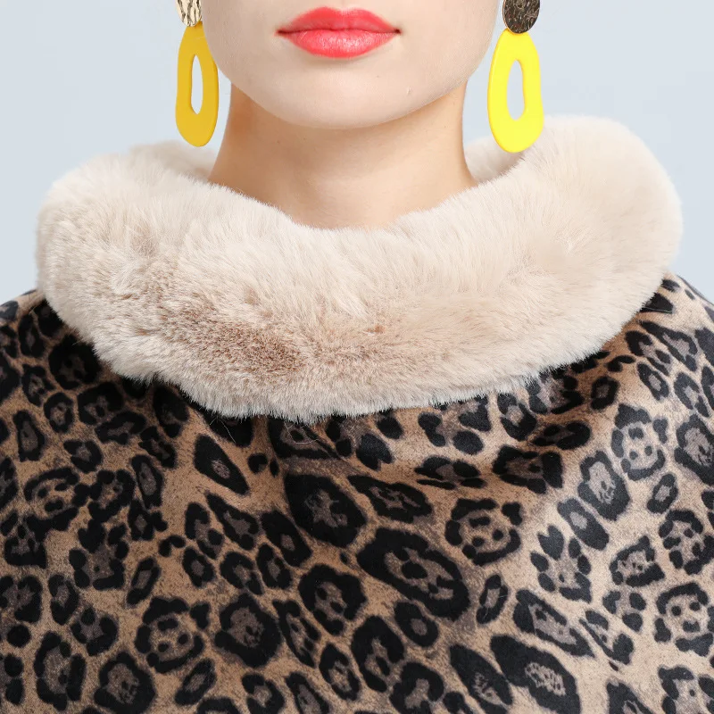 Modny płaszcz poncho z miękkiego sztucznego futra królika w panterkę, gruby, puszysty, ocieplany, narzutka, peleryna damska, nowy zimowy szal, prezent dla mamy