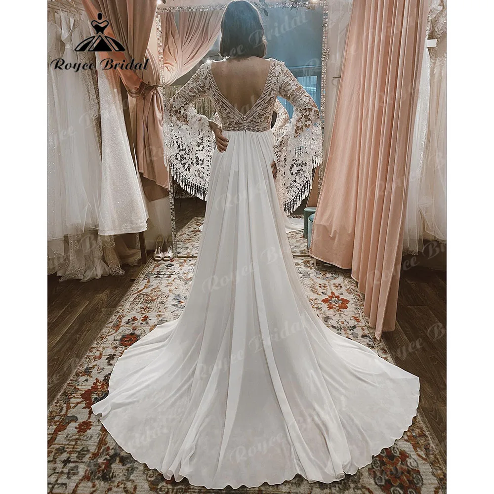 Corpetto di pizzo tuffante una linea Boho abito da sposa bohémien con maniche lunghe svasate 2023 abiti da sposa Backless abito da sposa elegante