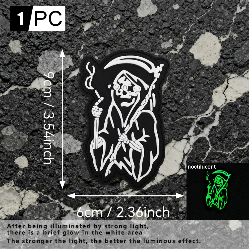 Luminous PVC armband with a scythe-wielding skull alien design, comes with matching hook-and-loop accessories, suitable for casual jackets, personal accessories, and DIY decorative patches view 5