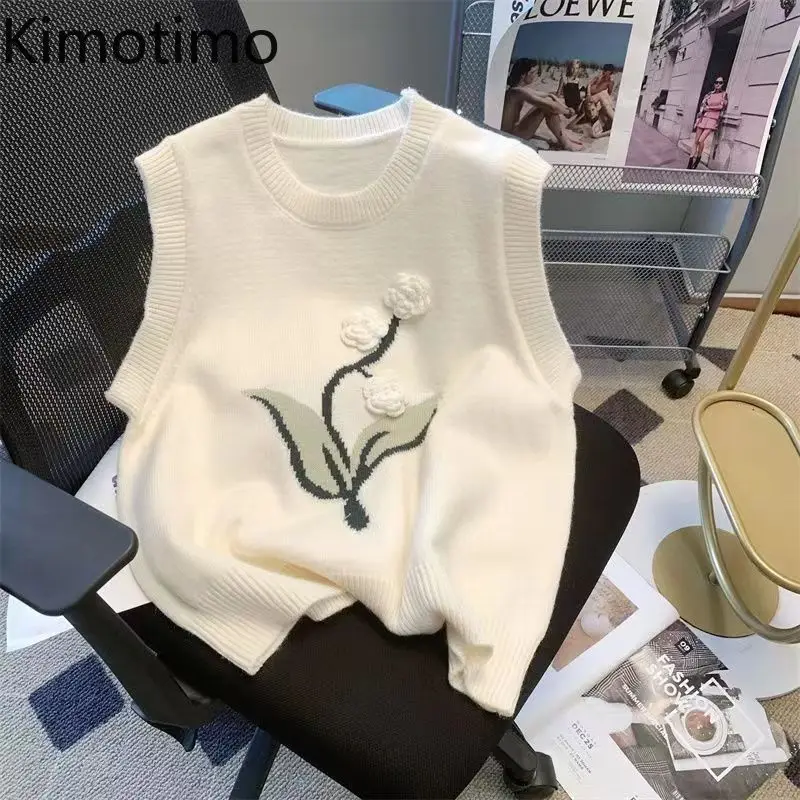 

Kimotimo Fashion 3D Flower Printed Knitted Vest Women Autumn New Round Neck Sleeveless Sweater Overlap Versatile Pullover Tops