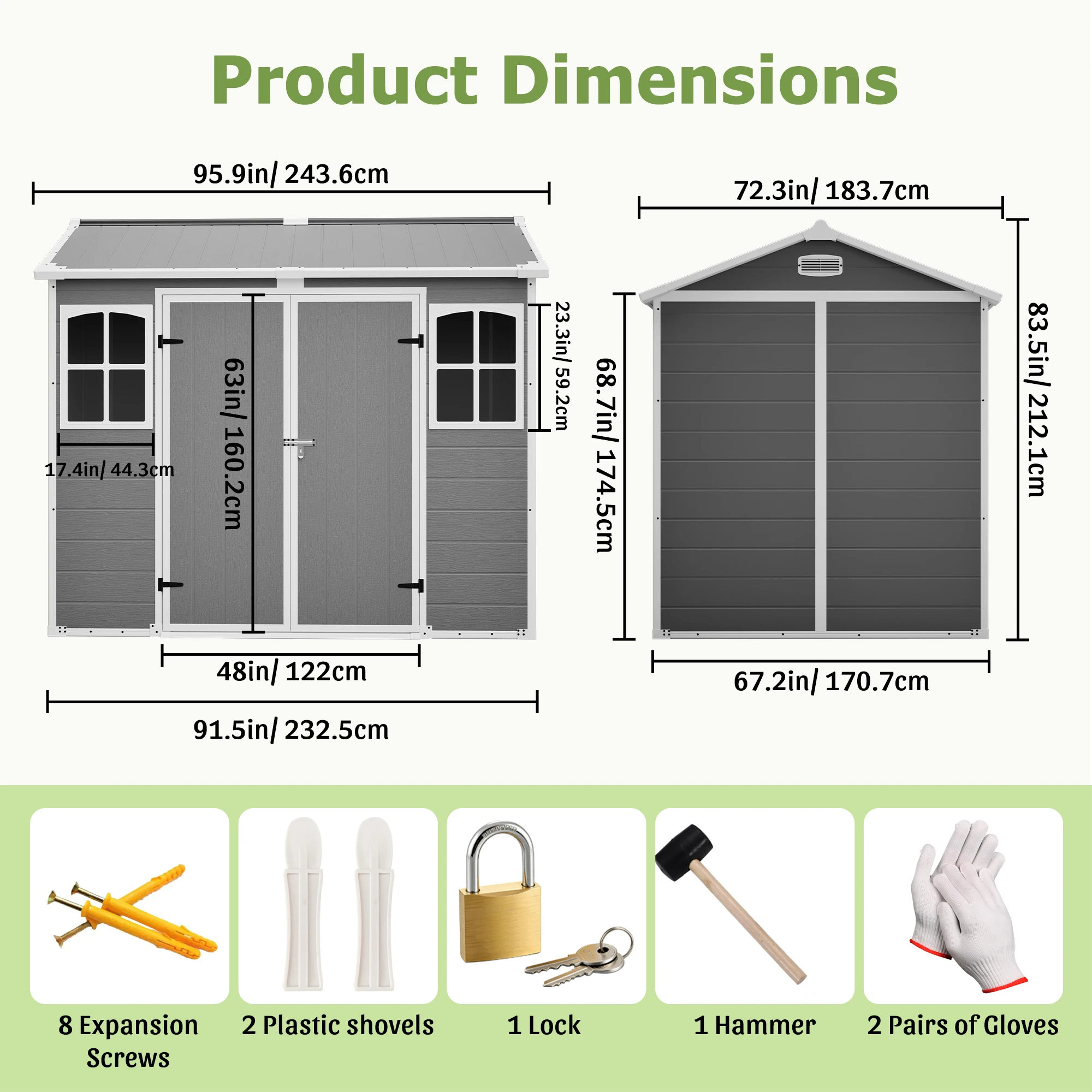 Resin Utility Shed 8 FT x 6 FT with Floor – Lockable Storage Shed for Garden Tools & Trash Bins, All-Weather Outdoor Organizer in Gray-White