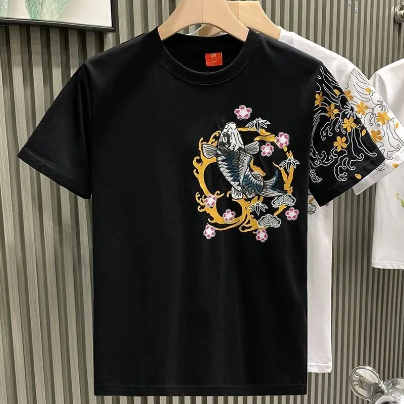 Chinese Style Trend Fashion Thin Summer T-Shirts Men O-Neck Carp Embroidered Short Sleeve Loose Pullovers Bottoming Shirt Tops
