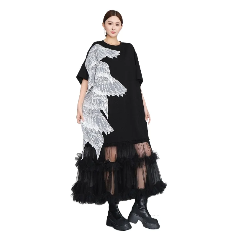 

Платье-футляр в готическом стиле с объемной вышивкой крыльев, черное, с сетчатыми вставками, свободного кроя, для женщин