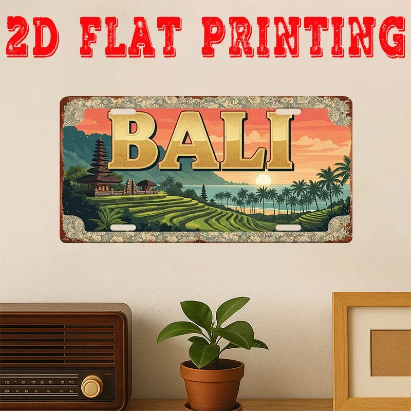 2D Flat - 1pc Vintage Metal Tin Sign | 2D Flat Printed Bali Sign, Rice Field Temple, Tropical Home Decor, Garden Decoration,