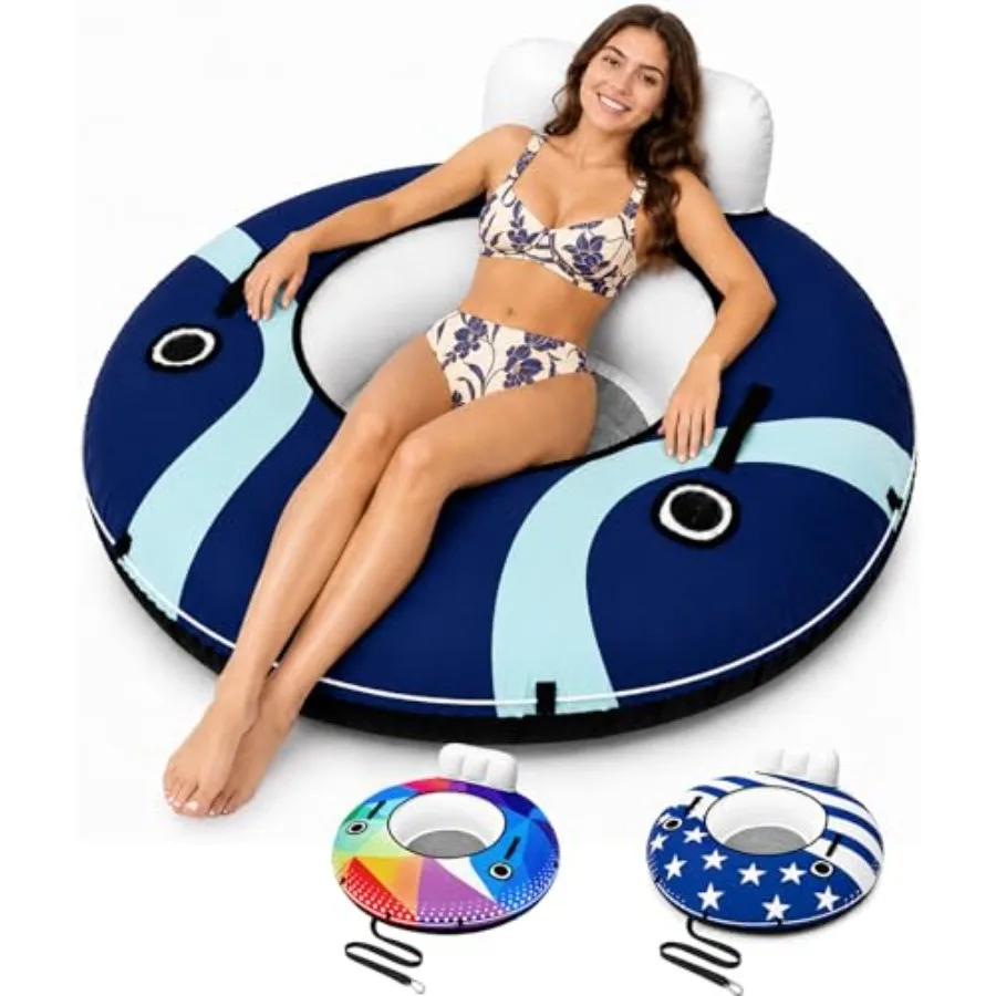 River Tube 53'' for lake and pool floating PVC inflatable inner tube with premium canvas cover navy blue comfortable backrest a