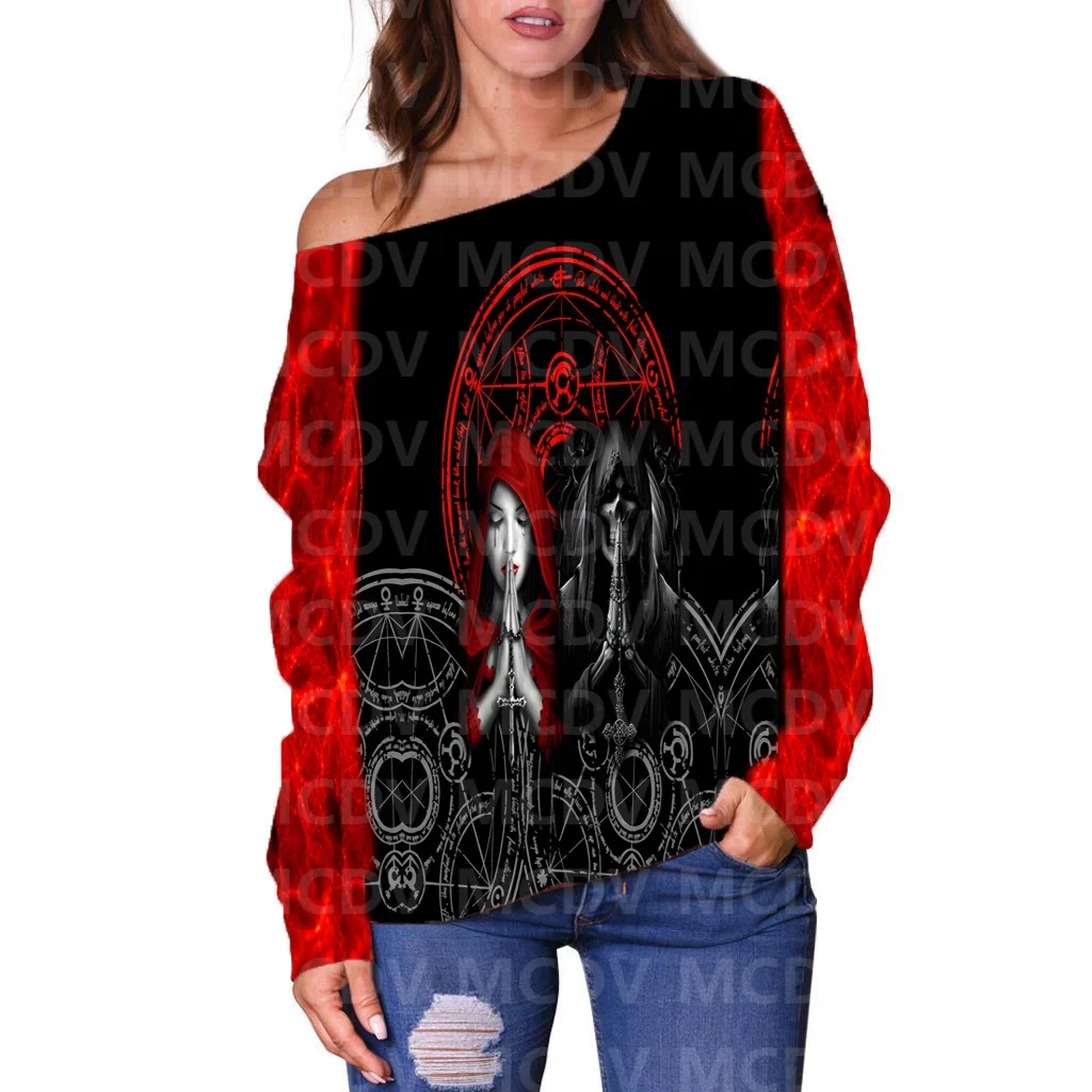 Women's Off Shoulder Sweater Skull 3D Printed Women Casual Long Sleeve Sweater Pullover