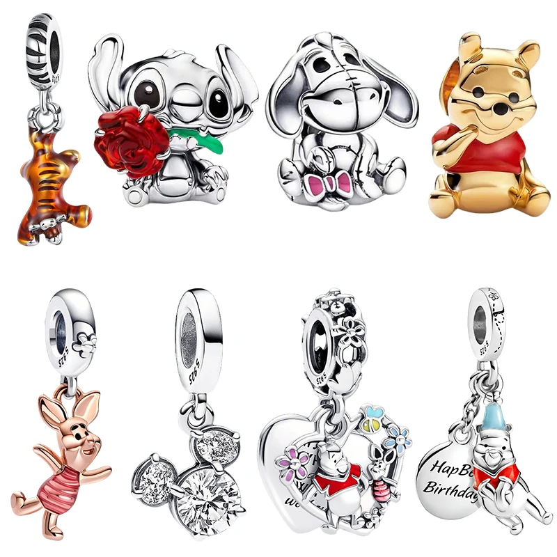 Nuevo Charm Colgante de Plata 925 de Disney con Winnie the Pooh, Stitch y Tigger, Compatible con Pulseras Originales, Regalo para Mujeres, Ideal para Festivales y Fiestas