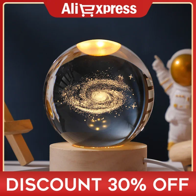 3D Crystal Ball Milky Way Galaxy Solar System Crystal Ball LED Warm Night Light Bedroom Ambient Light Birthday Gift Wooden Base