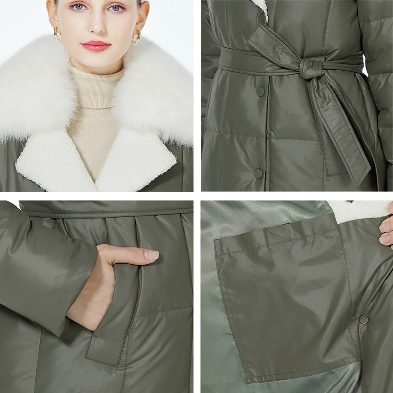 ICEbear-abrigo largo con capucha de piel para mujer, chaqueta de lujo, parkas acolchadas cálidas con cinturón, GWD3906I, 2023