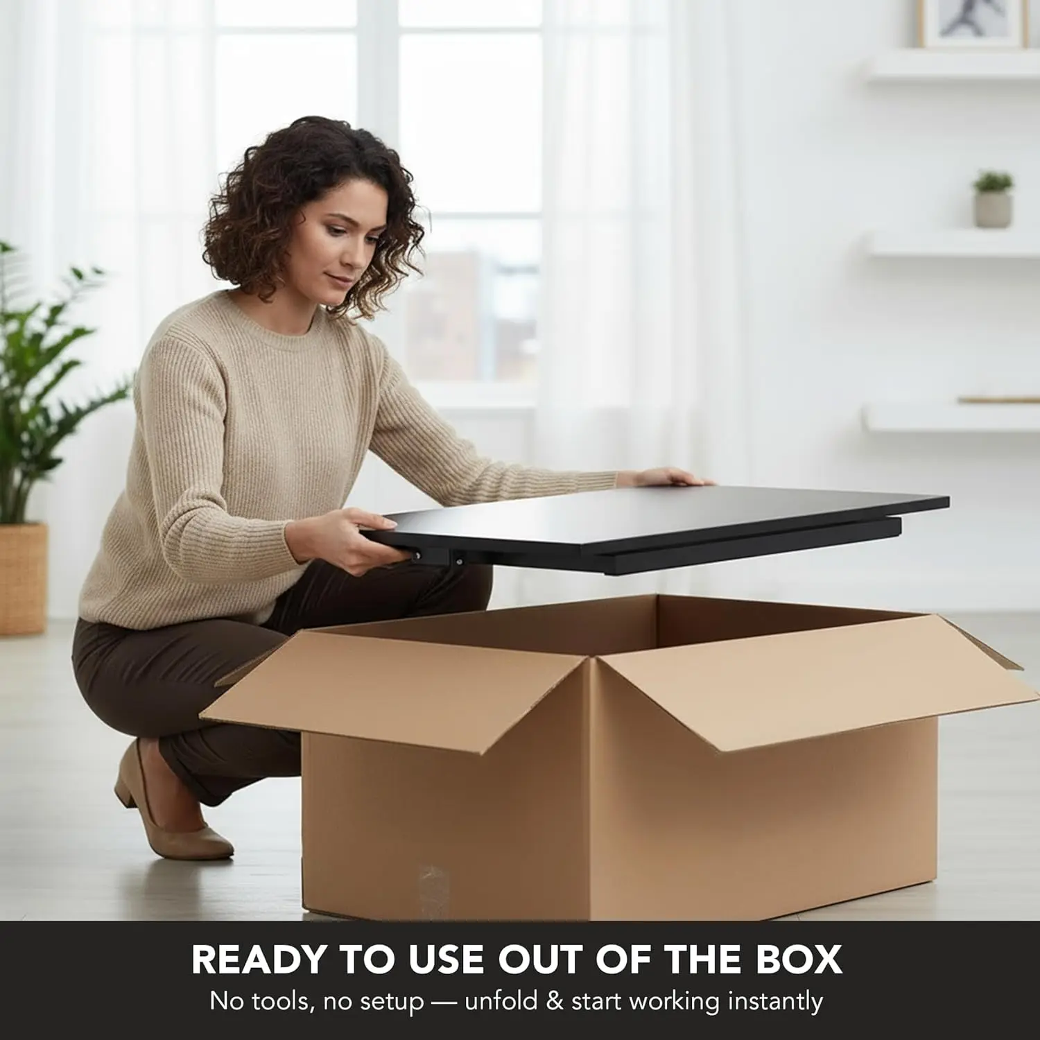 محول مكتب قائم، ارتفاع قابل للتعديل مع زنبرك غاز، حامل مريح لسطح المكتب، محطة عمل سوداء قابلة للطي #5