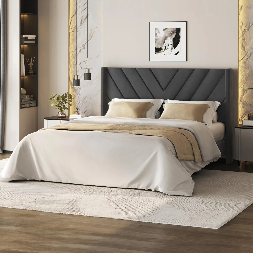 

Queen Bed Frame Upholstered Platform Bed with Wing Side/Wooden Slat Support/Tufted Headboard