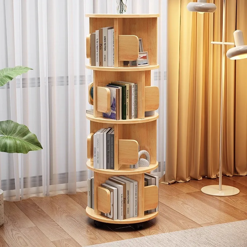 All solid wood rotating bookshelf 360-degree floor-to-ceiling circular shelf, movable space-saving storage narrow bookcase