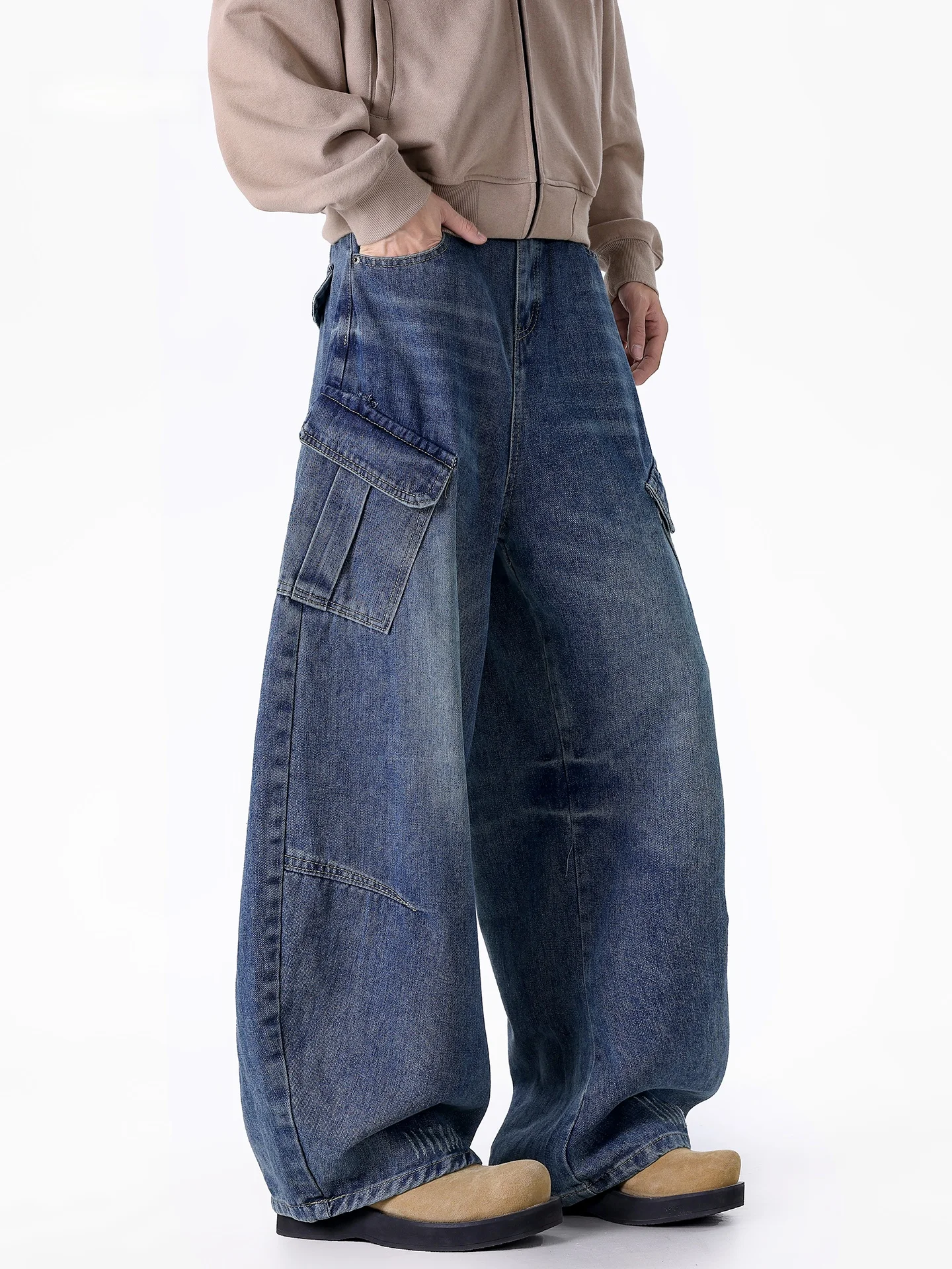 

Retro American Workwear Denim Jeans Men's Thick Straight Leg Wide Leg Long Pants Winter Season Casual Loose Fit No Stretch