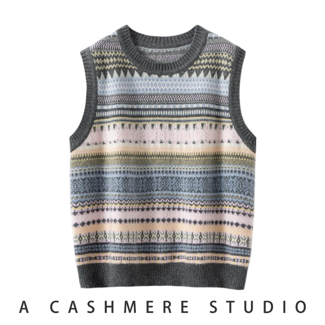 เสื้อกั๊กถักนิตติ้งทรงหลวมสำหรับผู้หญิง คอกลม ลายเรขาคณิต เนื้อผ้านุ่ม สวมใส่สบาย สไตล์ลำลอง