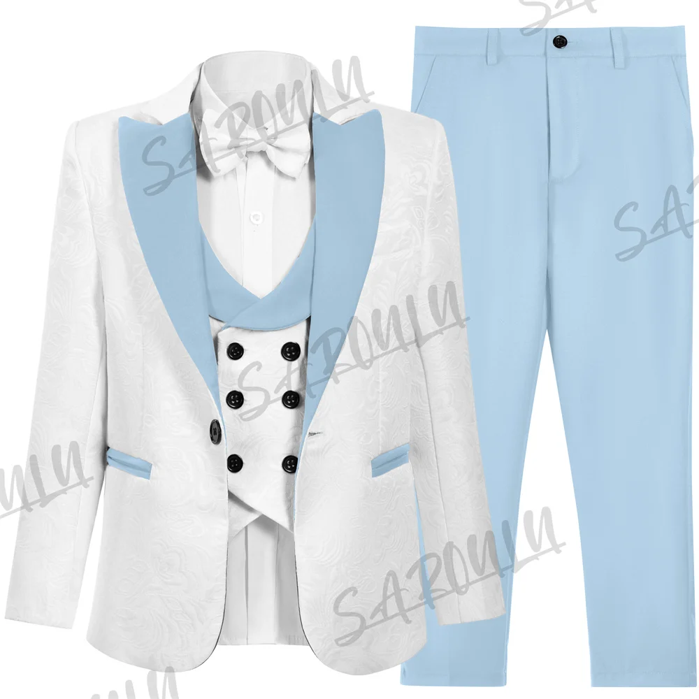 Popular Sky Blue Children Suit Coat Vest Pants Bow Tie 4 Pieces Smart Elegant Top Quality Formal Performance Boys Costumes