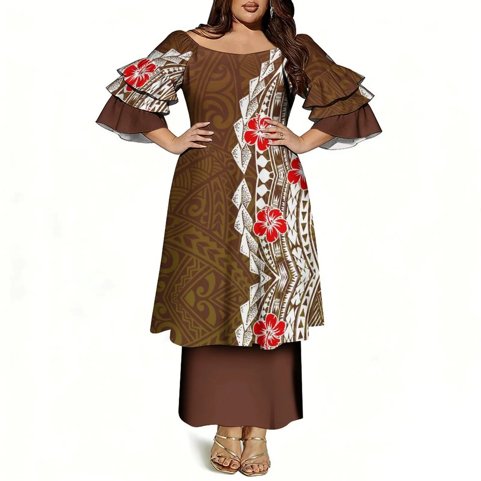 Casual Lady Two-Piece Custom Pattern Polynesian Tribe Design Art Print Three-Layer Sleeve Fitted Round-Neck Puletasi Set Skirt