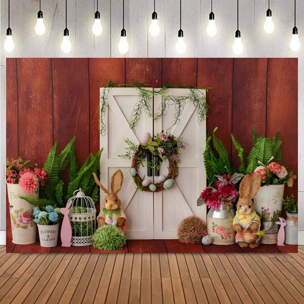 Easter Floral Wreath Wooden Door Fence Photo Backdrop Bunny Carrot Brick Wall Party Portrait Home Decor Photo Background Props