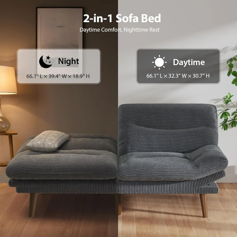

Futon Sofa Bed, Corduroy Futon Couch with Adjustable Backrest and Armrests