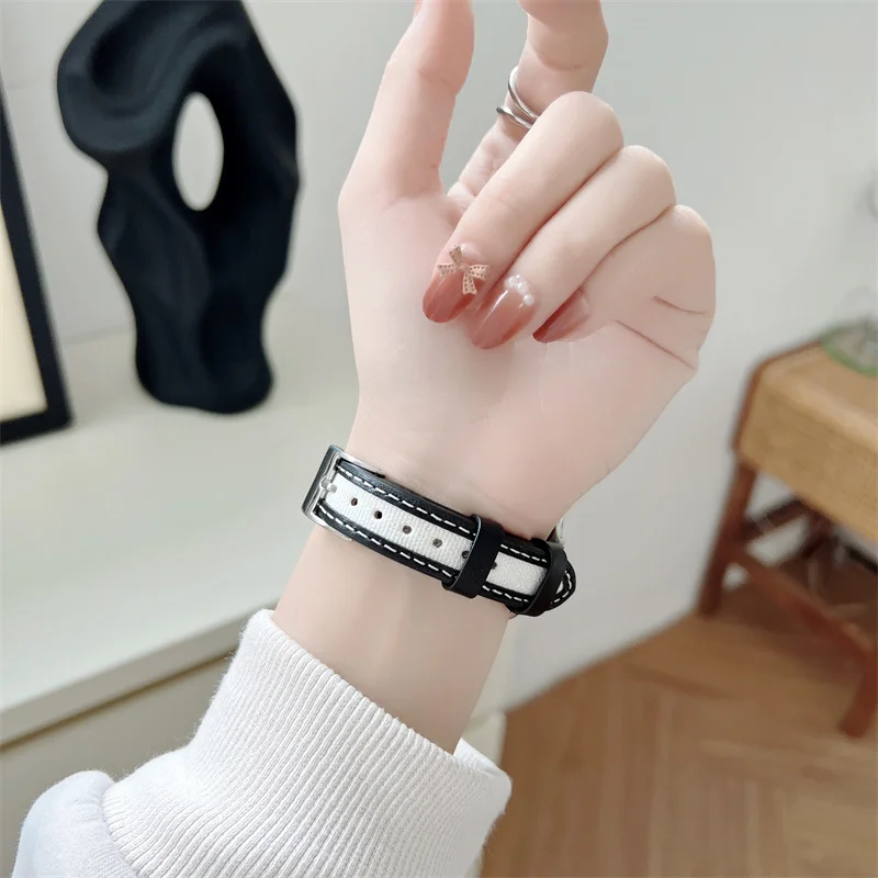 Ремешок кожаный и холщовый для Apple Watch 42 мм 44 мм 41 мм 45 мм, стильный тонкий дамский браслет для Iwatch Series7 6 5 4 3 2 1