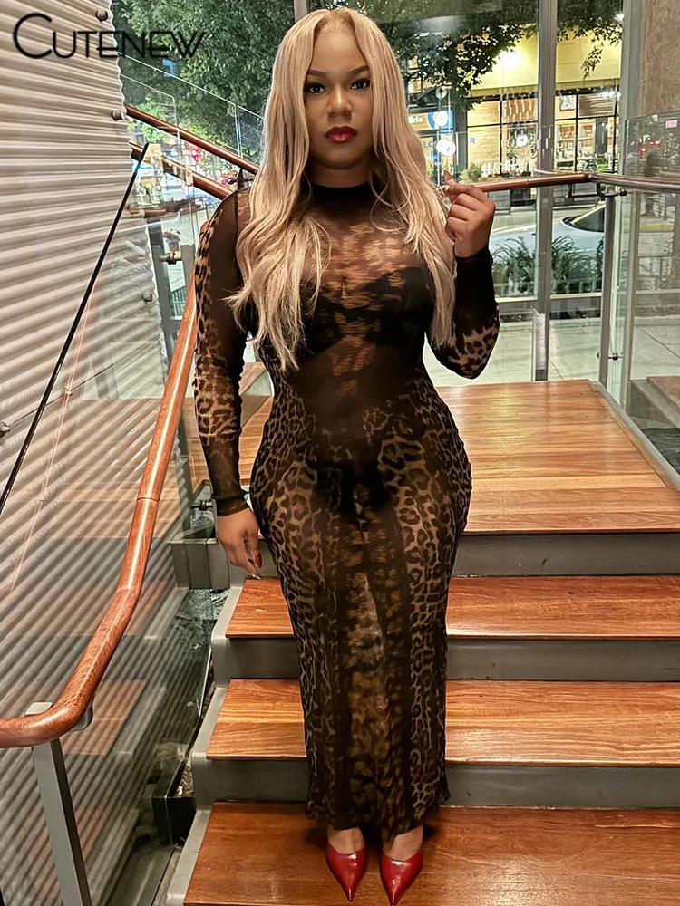 Cutenew Leopard Mesh Sexy Women Dresses Stunning Coquette Full Sleeve O-neck Sexy Sheer Long Vestidos Female Midnight Clubwear