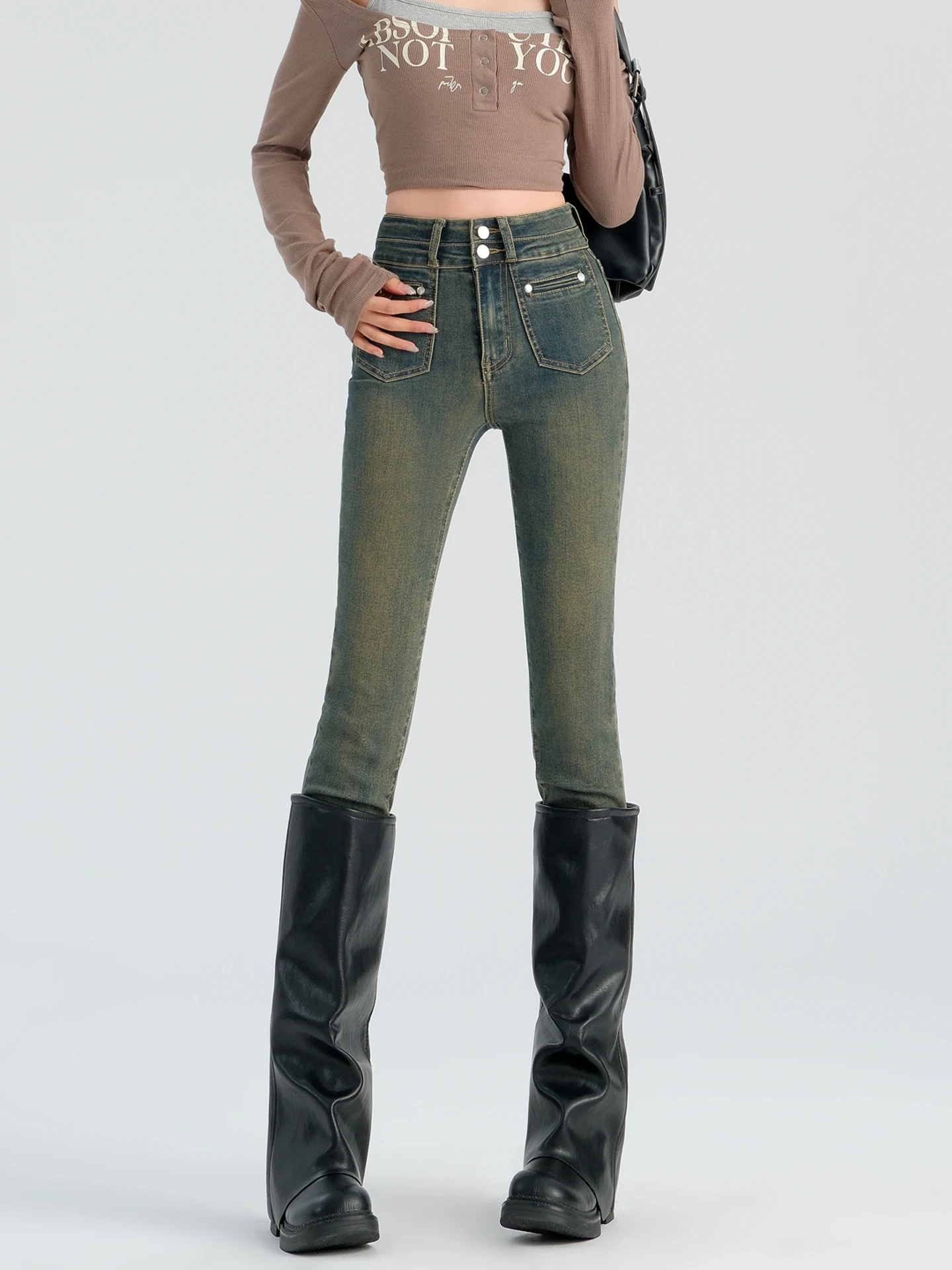 

Джинсы женские с высокой талией, облегающие, весна-осень, в стиле ретро, леггинсы-карандаш, удобные, повседневные, высокого качества