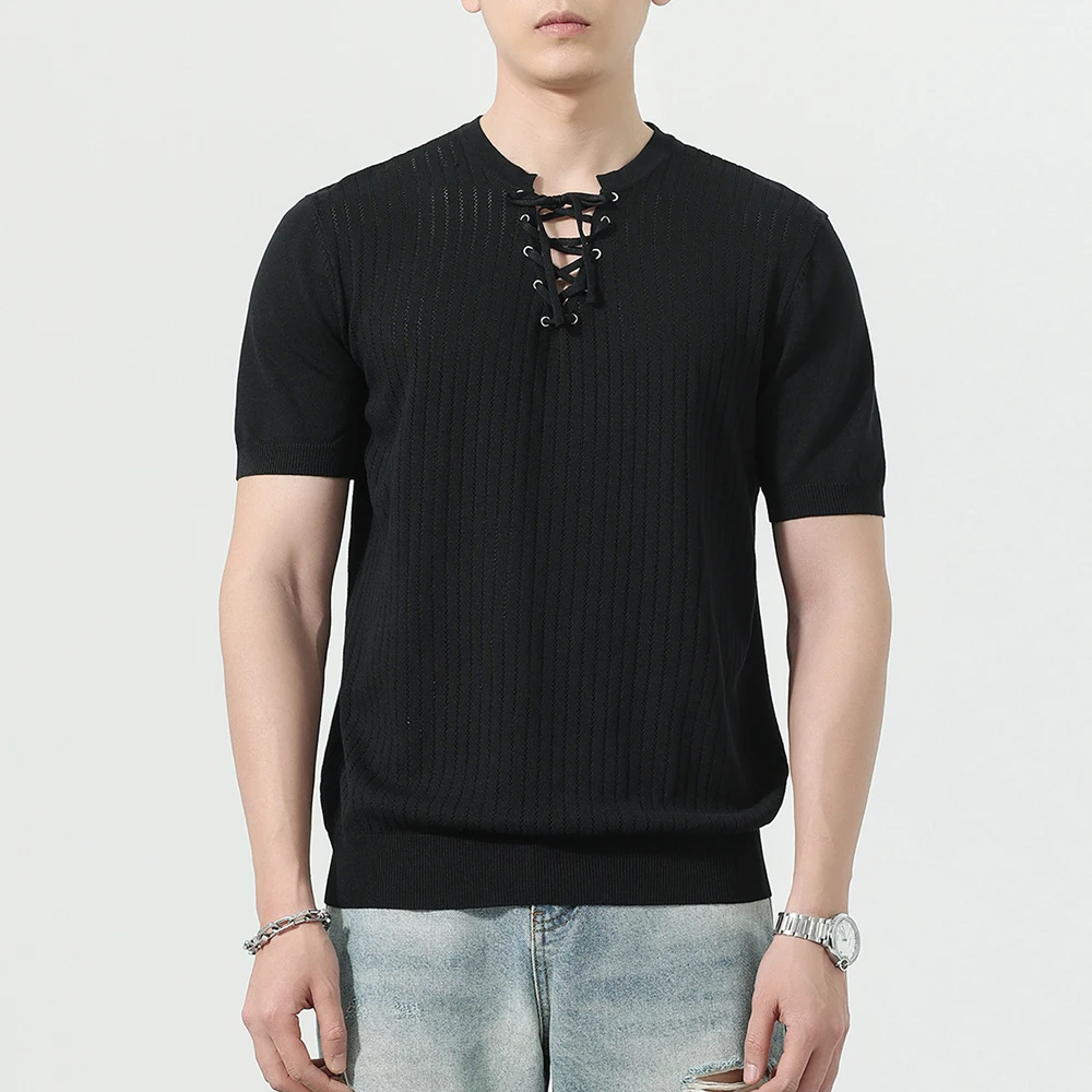 

Летняя вязаная футболка с воротником на шнурке для мужчин, модная винтажная повседневная футболка с коротким рукавом и полосками, мужские топы