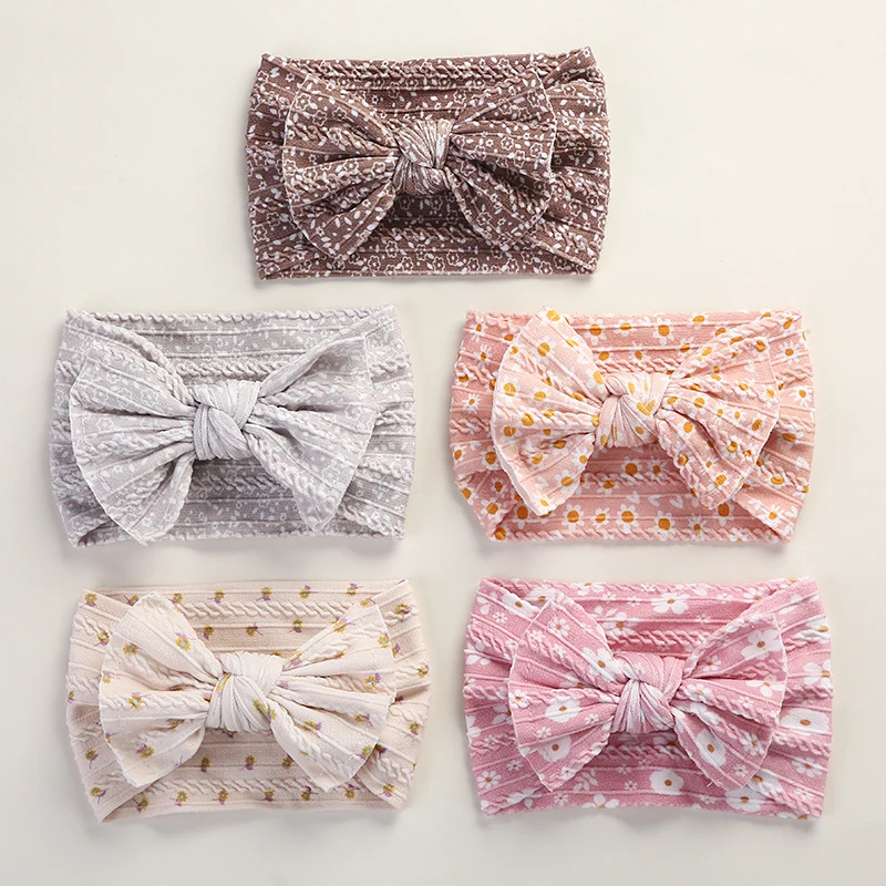 

5PC/lot Newborn Dairy Floral Prints Nylon Headbands Baby Knotted Hair Bow Turban Infant Ribbed Headband Children Girls Headwear