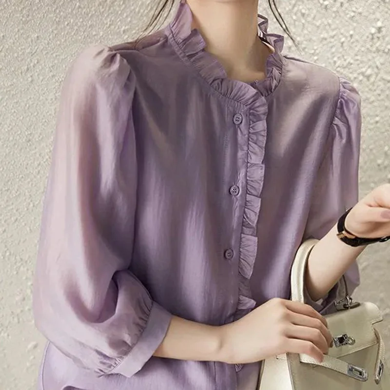 2024 New Summer Office Lady Sweat Retro Elegant Fashion Korean Style Women\'s Shirt Button O Neck 3/4 Sleeve Chic Chiffon Tops