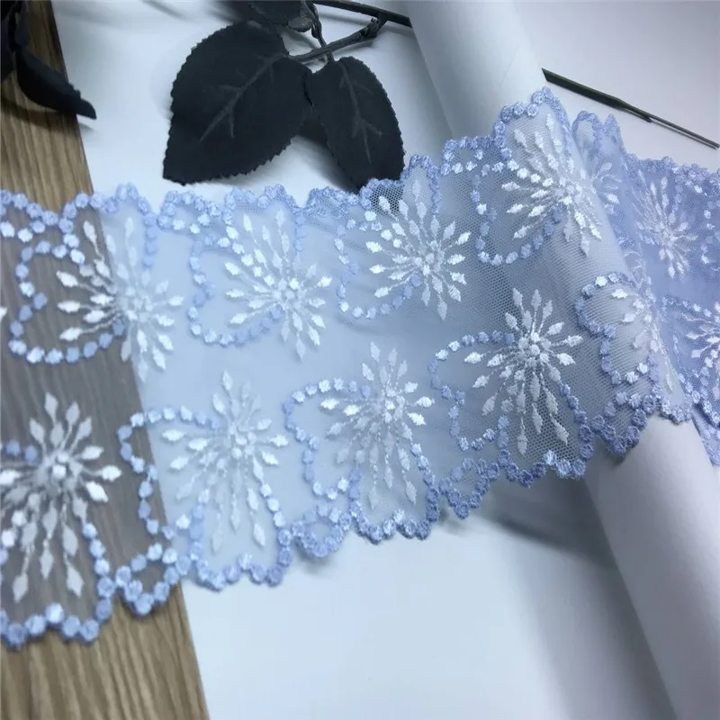 3 Yards Two Tone Embroidery Elastic Tulle Lace Trim Light Blue Lace Trimming Vintage Net Lace for Needle Work Crafts