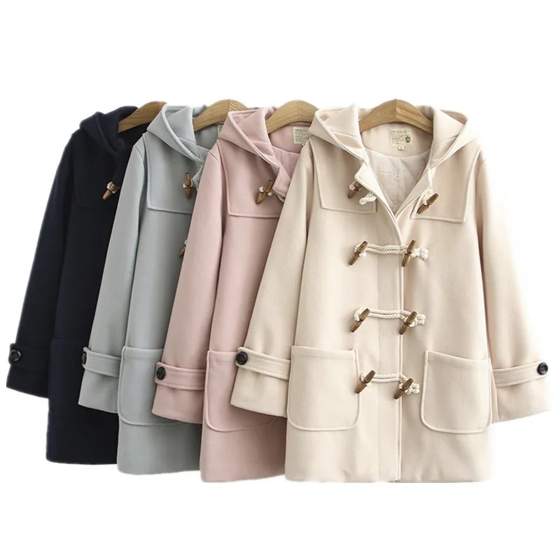 Double Row Horn Buckle Coat Hooded Women Autumn Clothing Winter Casual Solid Thicken Button Jacket College Style 2023 Dropship