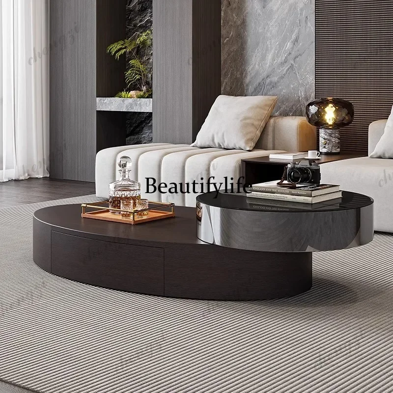 A139 Italian minimalist oval coffee table light luxury modern creative household small apartment solid wood rotating coffee tabl