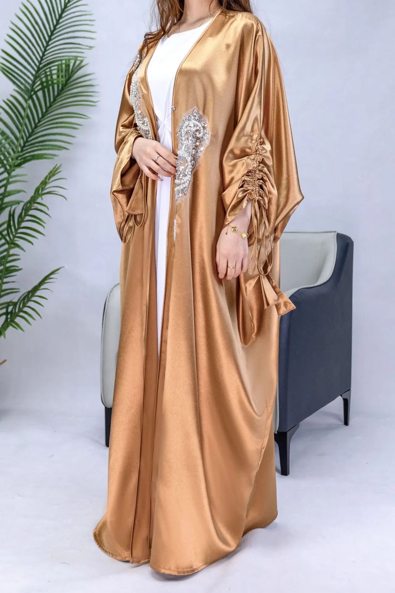 

Elegant Women Muslim Satin Beading Open Abaya Kimono Long Maxi Dress Turkey Dubai Eid Party Kaftan Arabic Robe Morocco Jalabiya