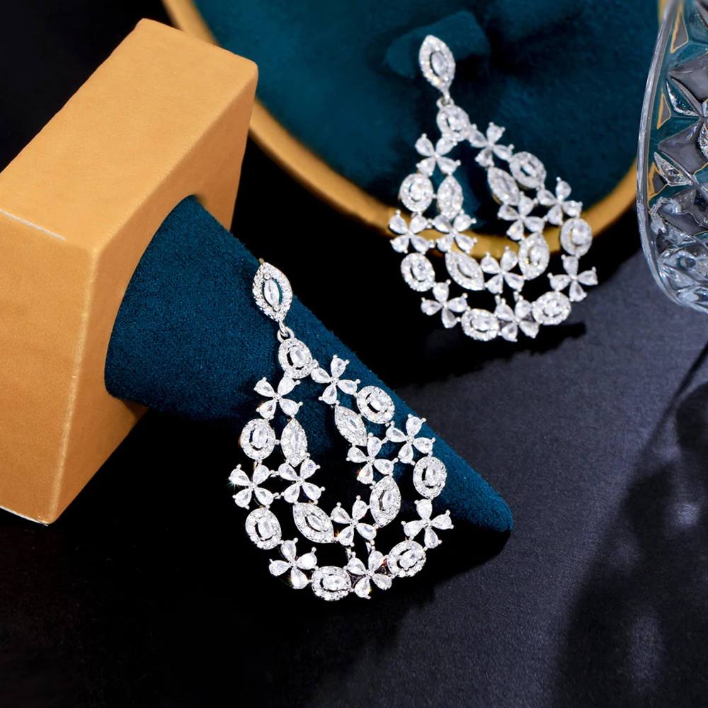 BeaQueen Brilliant Genuine Cubic Zirconia Bridal Wedding Jewellery Long Water Drop Earrings for Women Banquet Party Gifts E0950