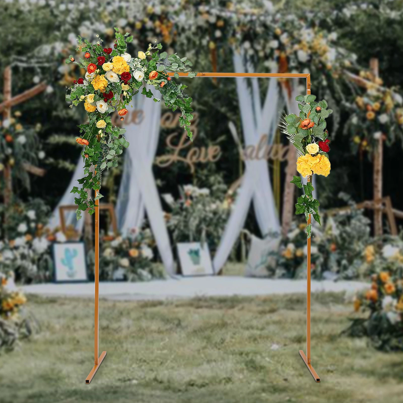 6.6FT Square Metal Wedding Arch Frame Garden Arbor Party Flowers Arch Backdrop Stand Flower Decor Frame Stand Yellow Metal Party