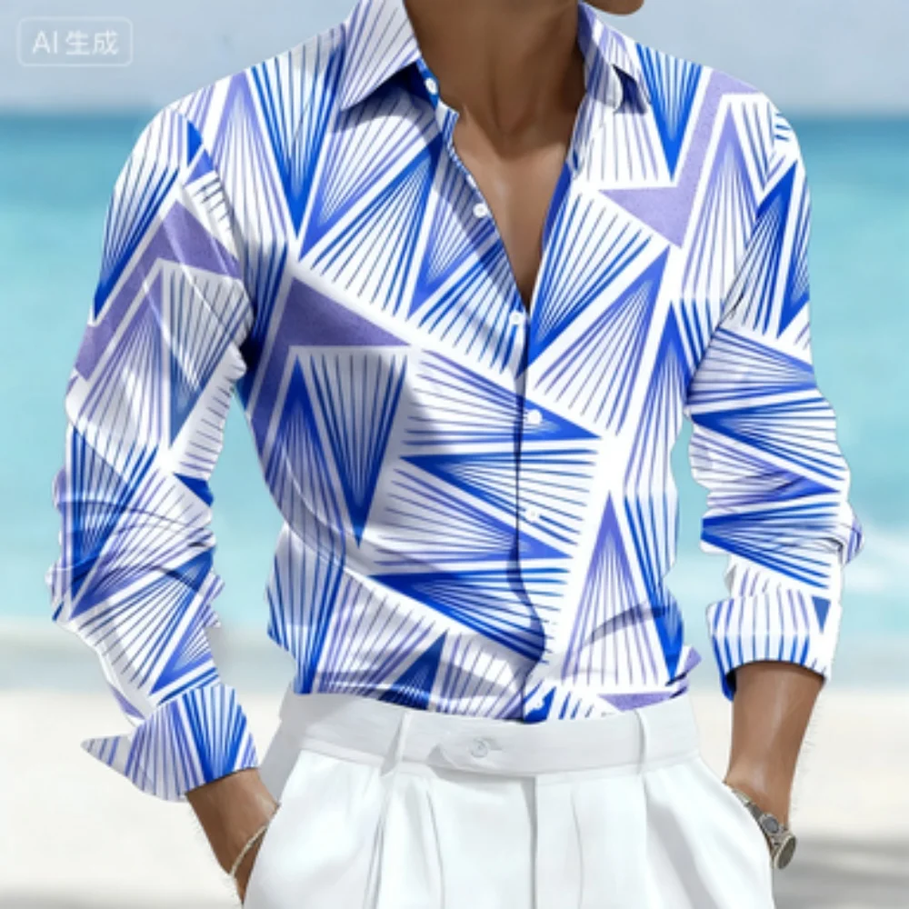 

Men's plus Size Geometric Print Long Sleeve Shirt Comfortable Soft Fabric Button-Up High Quality Streetwear with Collar Design