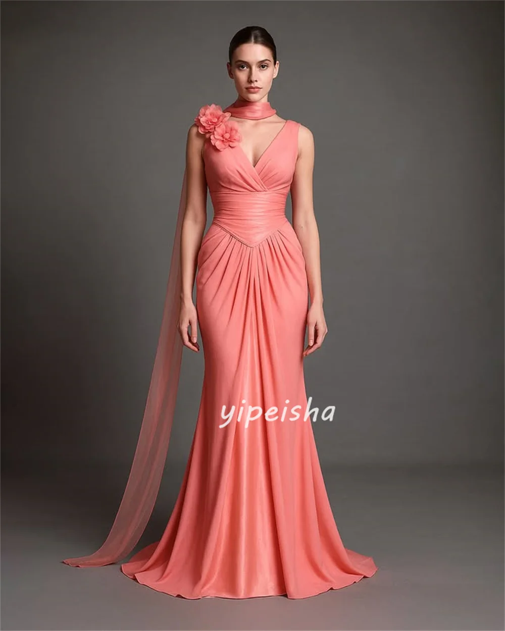 มีขนาดที่กำหนดเองให้เลือก ชุดเดรสยาวคอวีนางเงือกจับจีบดอกไม้แฮนด์เมดที่สวยงาม ชุดเดรสโอกาสสั่งทำพิเศษ ชุดทางการที่หรูหรา