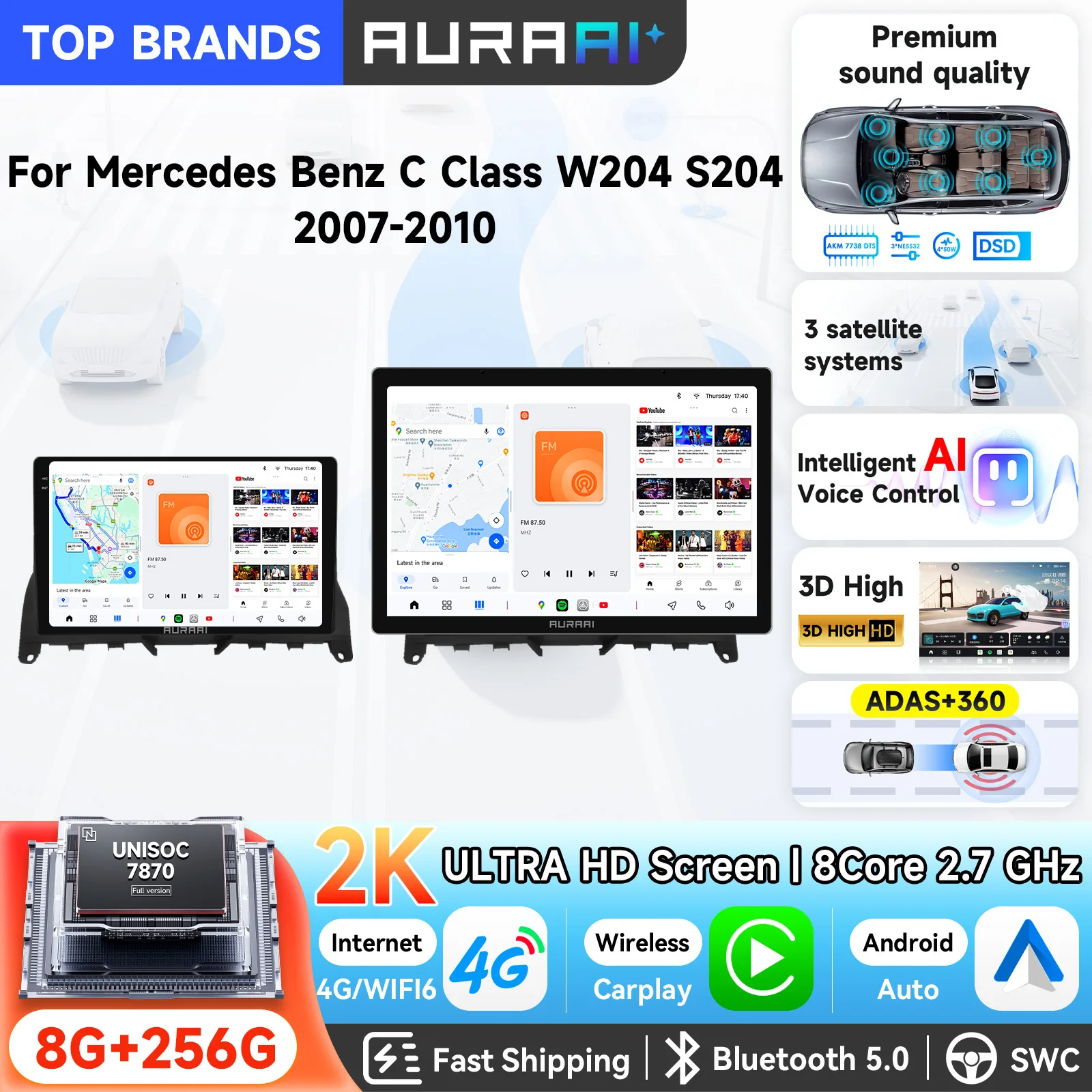 AURAAI 9'' 13.1'' GPS-Navigation Optional 360 °   Kamera Android 13 Autoradio für Mercedes Benz C-Klasse W204 S204 2007-2010 Autoradio CarPlay Android Auto Intelligentes Display Stereo 4G Smart Head