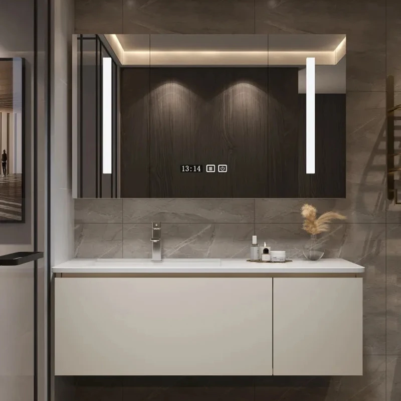 Household Solid Wood Bathroom Cabinet Combination Modern Light Luxury Toilet Smart Nano Slate Kast Ceramic Integrated Washbasin