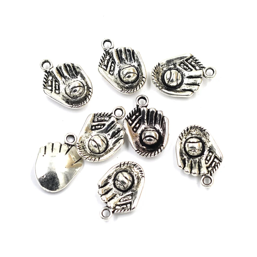 

100 шт. подвесок в виде бейсбольной перчатки, серебристого цвета, металлические, модные ювелирные украшения, 21x15 мм