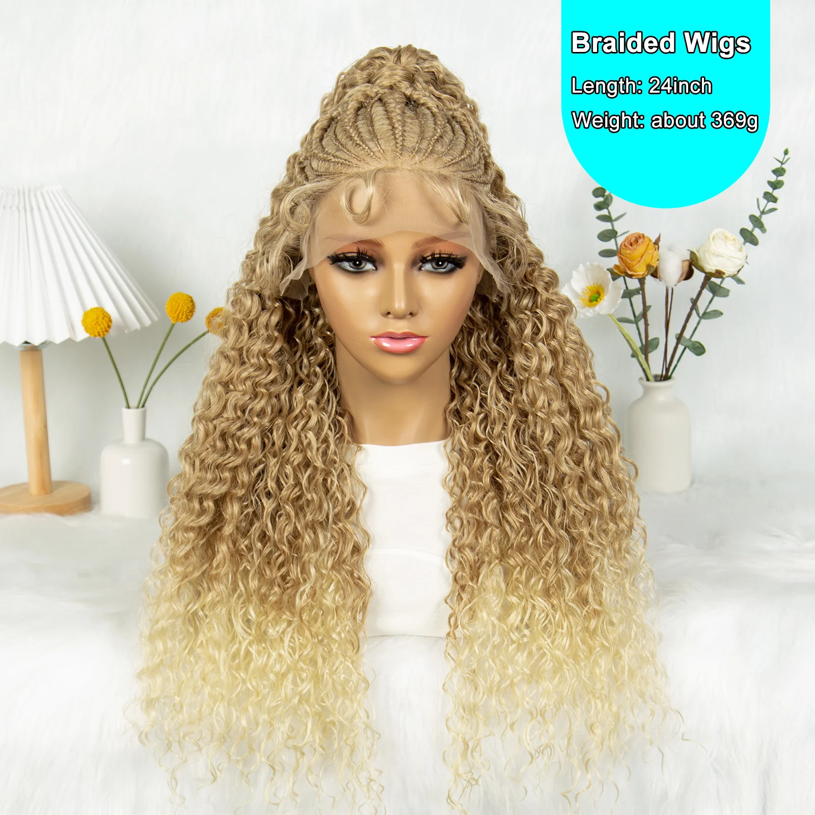 Kima Synthetic Cornrow Braided Wigs 13x4 Lace Front Wig Ombre Colored Half Updo Ponytail Curly Wigs For Black Women