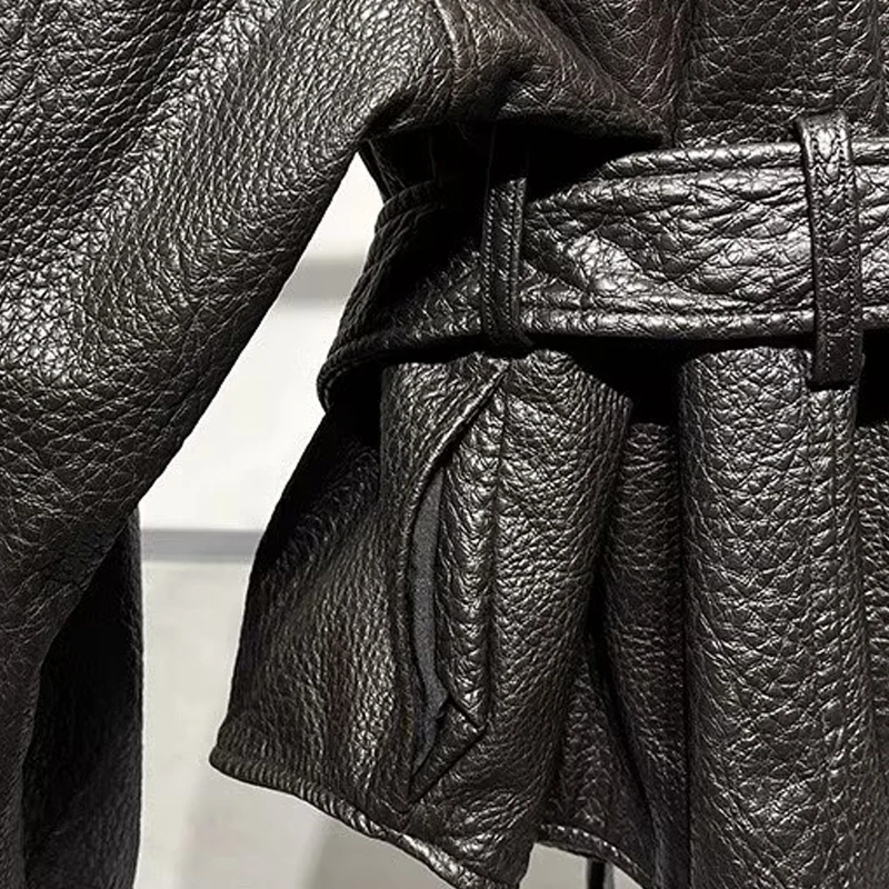 Women's Faux Leather Jacket Coat with Belt - Vintage V-Neck