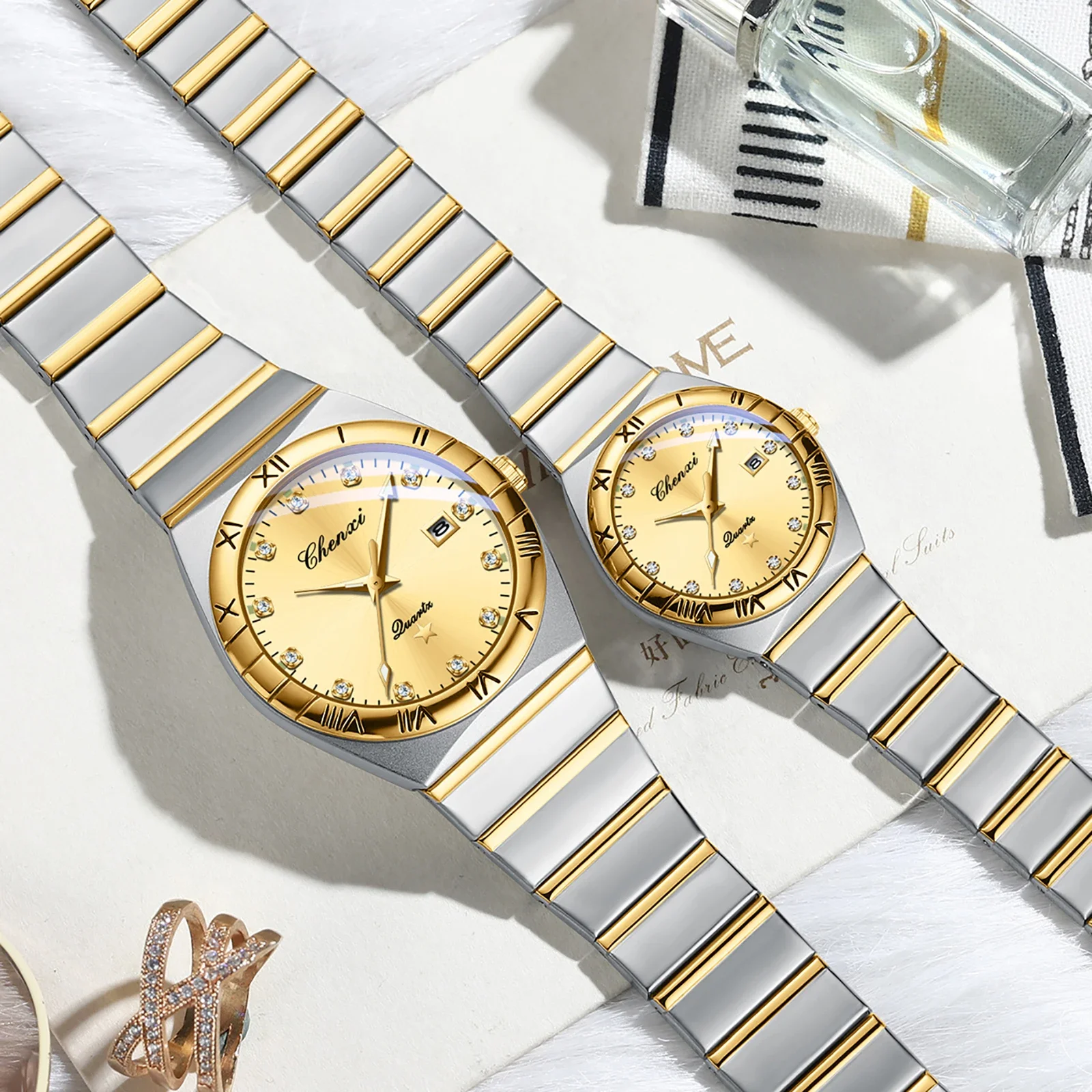 CHENXI Luxury Couple Watch Quartz Luminous Date Men and Women Watches Lovers Business Stainless Steel Waterproof Wristwatch